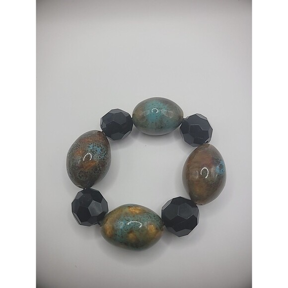 Vintage Bracelet Blue Tan Chalcedony Stone Beaded Black Faceted Stretch - Picture 9 of 10